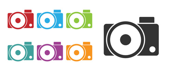 Black Photo camera icon isolated on white background. Foto camera icon. Set icons colorful. Vector Illustration.
