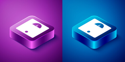 Isometric Bathroom scales icon isolated on blue and purple background. Weight measure Equipment. Weight Scale fitness sport concept. Square button. Vector Illustration.