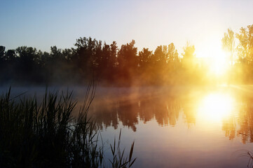 Fototapeta premium Beautiful morning by the lake in a fog of fog.