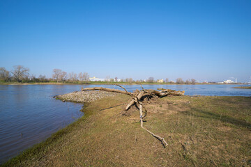 Der Fluss Elbe bei Magdeburg. Im Hintergrund das Industriegebiet Rothensee.