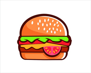 Vector illustration of a burger with cheese, meat, salad, tomato isolated on a white background. Tasty burger. Fast food.