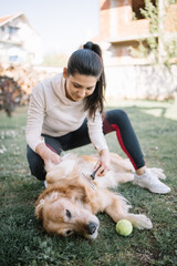 Pretty girl combing a dog's fur outdoors. Young woman squatting over her dog and combing him using comb in backyard.