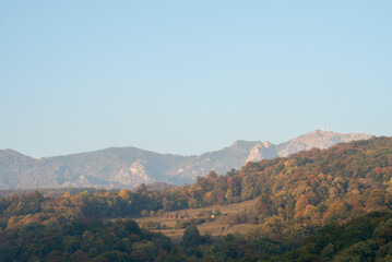 Fototapeta na wymiar Mountain view in autumn, Valley next to Cozia Monastery, calimanesti, Romania.