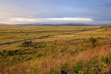 Fototapeta na wymiar Sunset steppe landscape. Outskirts of Khasan town. Primorsky Krai (Primorye), Far East, Russia.