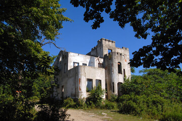 Fototapeta na wymiar Ruins of Yankovsky mansion (early XX century) in Vityaz bay. Primorsky Krai, Far East, Russia.
