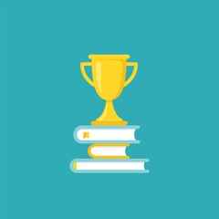 stack of books with gold trophy or winning cup. Isolated on powder blue background.