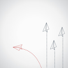 Think different. Think differently concept. Red airplane changing direction. New idea, change, trend, courage, creative solution, innovation and unique way concept.	