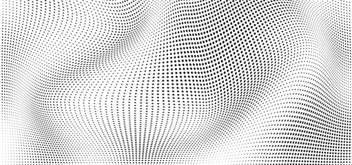 Abstract wave halftone black and white. Monochrome texture for printing on badges, posters, and business cards. Vintage pattern of dots randomly arranged