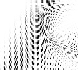 Abstract wave halftone black and white. Monochrome texture for printing on badges, posters, and business cards. Vintage pattern of dots randomly arranged