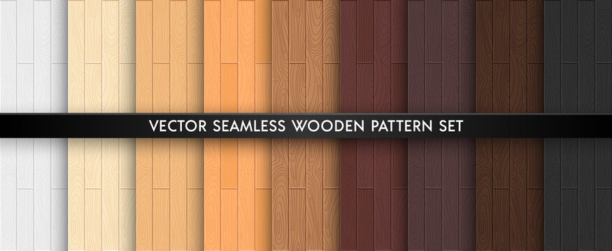 Wood textured seamless pattern set. Light and dark brown natural colors wooden boards repeat texture collection. Vector illustration for design, flat interiours, print, paper, decor, photo background