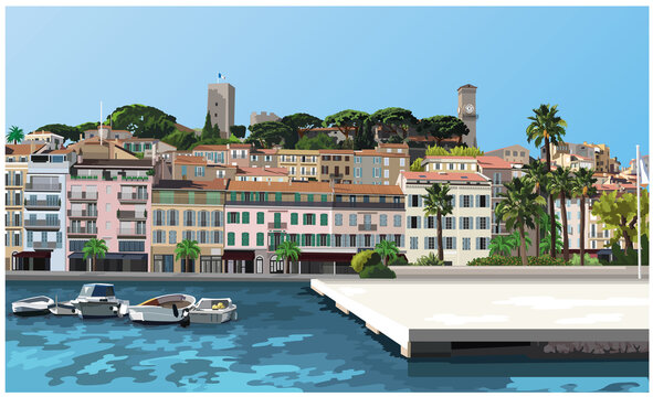 Picturesque Vector Of Cannes in South of France, Cote-d'Azur, Old Town, Le Suquet with medieval buildings, fishing port, blue sea, palm trees, bright blue sky