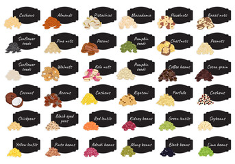 Set of stickers and labels of nuts, beans and legumes