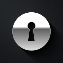 Silver Keyhole icon isolated on black background. Key of success solution. Keyhole express the concept of riddle, secret, security. Long shadow style. Vector Illustration.
