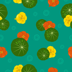 Floral seamless pattern. Summer vector background with red and yellow nasturtium flowers, leaves and ornament on a green background. For design of fabrics, packaging and wallpapers.