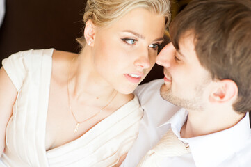 Happy and joyful newlyweds after marriage on their wedding day