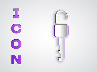 Paper cut Unlocked key icon isolated on grey background. Paper art style. Vector Illustration.