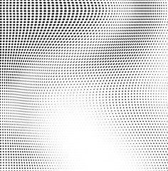 Abstract wave halftone black and white. Monochrome texture for printing on badges, posters, and business cards. Vintage pattern of dots randomly arranged