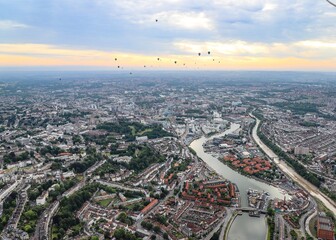 Panoramic aerial  view of Bristol and the River Avon with hot air balloons at sunset