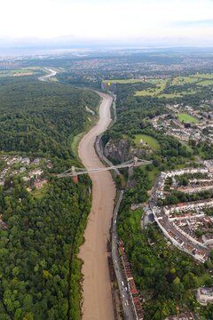 Aerial view of Clifton suspension bridge, River Avon, Bristol
