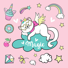 Beautiful collection with cat unicorn and other items for children girls on a pink background