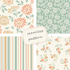 Set of vintage seamless colorful pattern in retro colors. Floral pattern. Hand drawn. Vector pattern can be used for ceramic tile, wallpaper, textile, invitation, greeting card, web page background