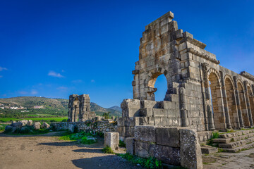 Volubilis - Ancient 3rd Century BC Roman ruins near city of Meknes in Morocco, UNESCO Heritage site.
