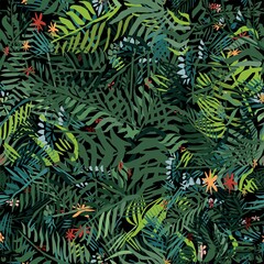 Tropical colorful background with leaves. Seamless fashion floral pattern.