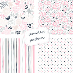 set of 4 vintage seamless colorful patterns in retro colors. Hand drawn. Vector illustration can be used for ceramic tile, wallpaper, textile, invitation, greeting card, web page background