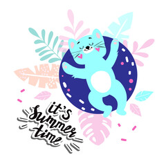 Blue cat lies on a rubber ring and the inscription it's summer time on a white background