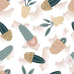 Seamless pattern with decorative houseplants. Trendy plants growing in pots. Set of beautiful natural home decorations.