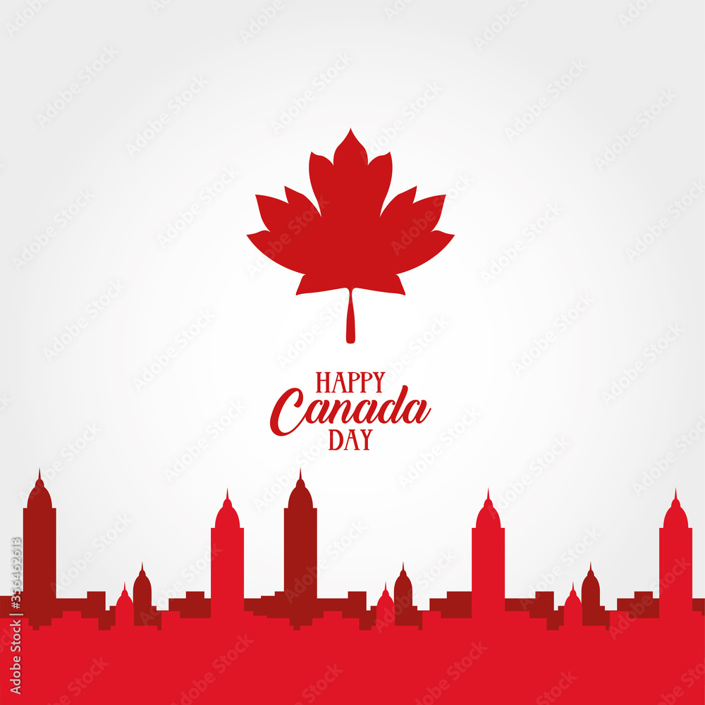 Sticker canada day celebration card with maple leaf and cityscape