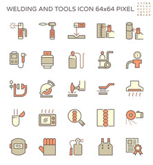 Fototapeta na wymiar Welding work and tools such as welding torch, gas cutting tool and other vector icon set design, 64x64 perfect pixel and editable stroke.