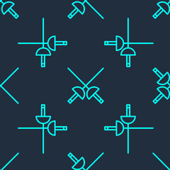 Green line Fencing icon isolated seamless pattern on blue background. Sport equipment. Vector Illustration.
