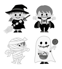 ハロウィン キッズ 仮装 手書き ベクター モノクロ イラスト