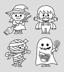 ハロウィン キッズ 仮装 手書き 線画 ベクター モノクロ イラスト
