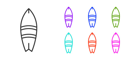 Black line Surfboard icon isolated on white background. Surfing board. Extreme sport. Sport equipment. Set icons colorful. Vector Illustration.