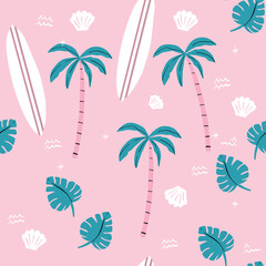 seamless pink and green palm trees pattern. repeating vector beach and surfing pattern with surf boards.