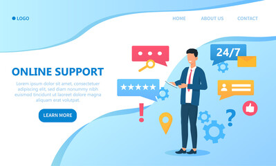 Online Support concept with a man holding a digital device surrounded by internet search, rating, ranking and chat icons, colored vector illustration