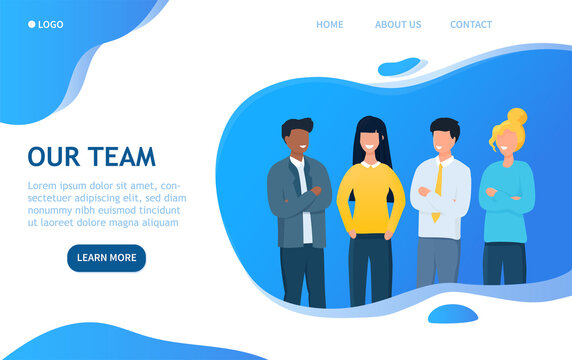 Our Team business introduction template with copy space showing a diverse group of colleagues standing smiling, colored vector illustration