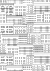 Seamless pattern with houses in the city or town as a colorless coloring page, offline vector stock illustration with high-rise buildings for print