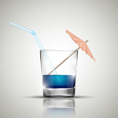 Glass cold drink alcohol & straw. Bright soda & umbrella. A glass of lemonade or fruit juice with umbrella. Cold iced tea. Bar with a glass of cocktail fizzy water with straw