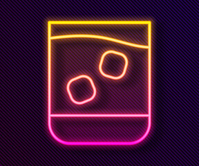 Glowing neon line Glass of whiskey and ice cubes icon isolated on black background. Vector Illustration.