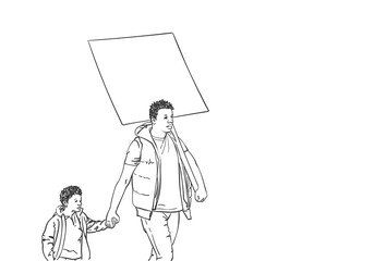 Black man with child on peaceful protest holding blank sign board. Vector sketch, Hand drawn illustration. Racism and human rights concept