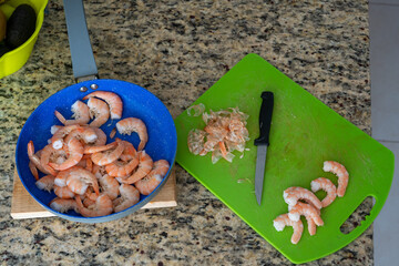 Fresh shrimp cooking and cleaning