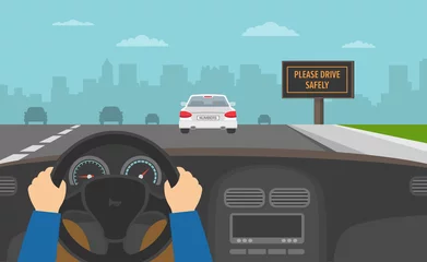Fototapeten Hands driving a car on the highway. Drive safely warning billboard. Flat vector illustration. © flatvectors
