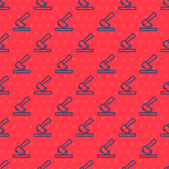 Blue line Wooden axe icon isolated seamless pattern on red background. Lumberjack axe. Vector Illustration.