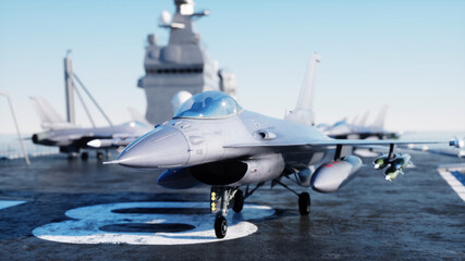 Fototapeta na wymiar Jet f16, fighter on aircraft carrier in sea, ocean . War and weapon concept. 3d rendering.