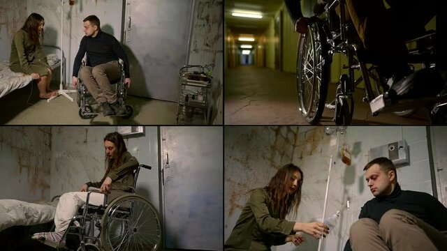 Collage of mentally ill people who are in a psychiatric hospital, a man sitting in a wheelchair, and a girl sitting on a bed, on their face they have blood and bruises, there is a drip next to them.
