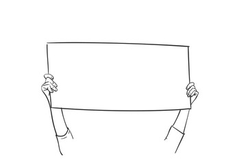 Hands holding blank sign board. Vector sketch, Hand drawn illustration - obrazy, fototapety, plakaty