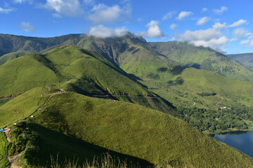 View of green hill on the spring. Bukit Holbung. Indonesia